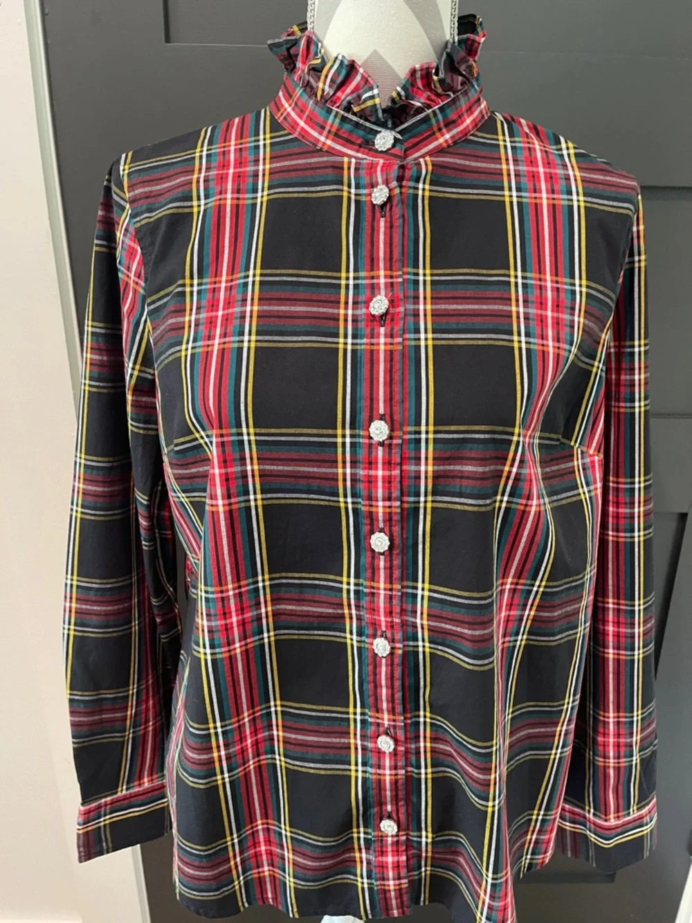 J.Crew Ruffle Plaid Feminine Blouse With Rhinestone Buttons Size L